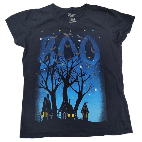 Gildan Halloween Navy Tee T-Shirt Blue Print "Boo" Haunted House Bat Size Medium - Picture 1 of 4